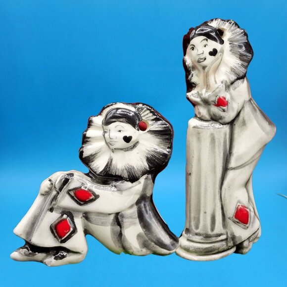 Pierrot Ornaments Black Heart Faces Red Harlequin Diamond Handpainted Gothic Set - Picture 2 of 9